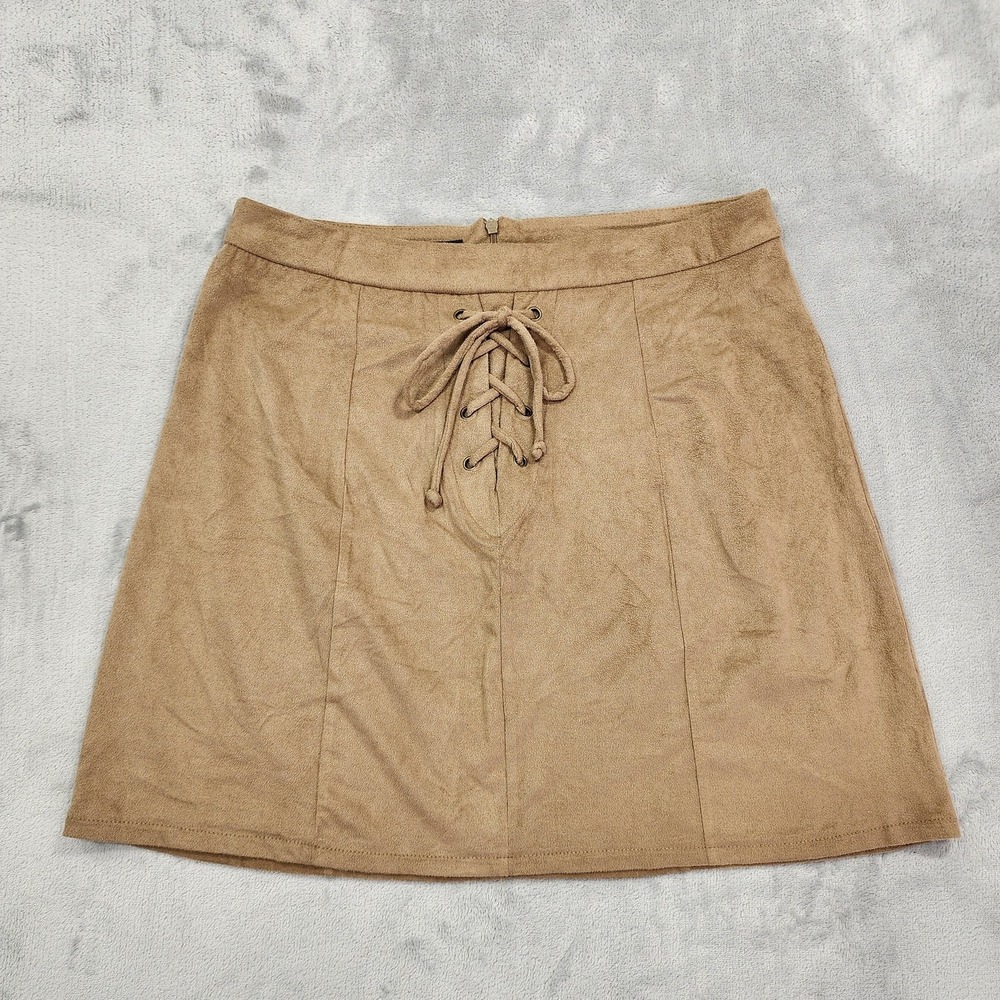 Maurices Skirt Womens M Brown Faux‎ Suede Lace Up A-Line Short Zip Stretch Mini